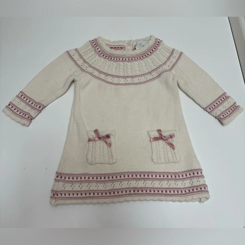Heirlooms by Polly Flinders knit sweater dress, cream pink bows 3-6 months